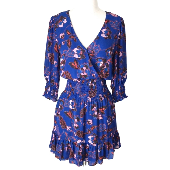 Parker Silk Blue & Red Floral Ruffle Mini Dress - Picture 1 of 8